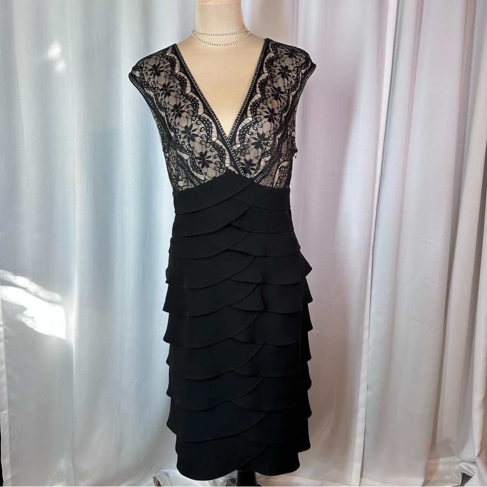 Jessica Howard Dress Size 14 Black Nude Lace Torso Tiered Skirt Classic Evening